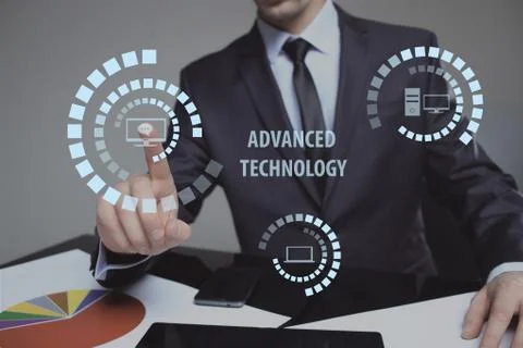 Hand pushing advanced technology button on a touch screen interface 스톡 사진