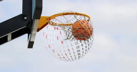 Hand pushing basketball through rotating binary sphere inside net creating Stock Footage 314409651