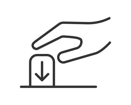 Hand pushing button with arrow down. Clean line art.  Symbolizes action, co.. Stock Illustration