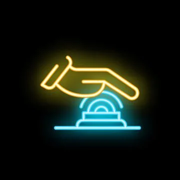Hand pushing button with finger neon sign on black background Stock Illustration