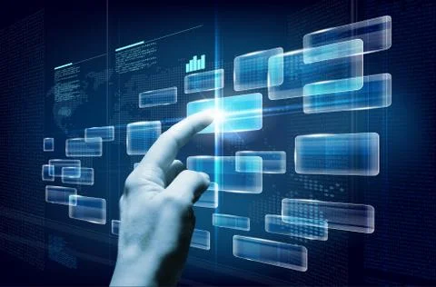 Hand pushing a button on a future touchscreen interface Stock Illustration