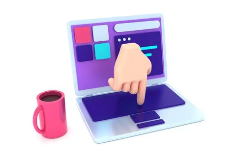 Hand pushing button on laptop 3D render Stock Illustration