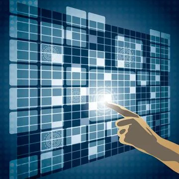 Hand pushing a button on a perspective touch screen Stock Illustration