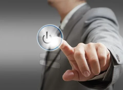 Hand pushing a button on a touch screen interface Stock Illustration