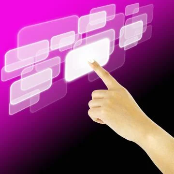 Hand pushing a button on a touch screen interface Illustrazione stock