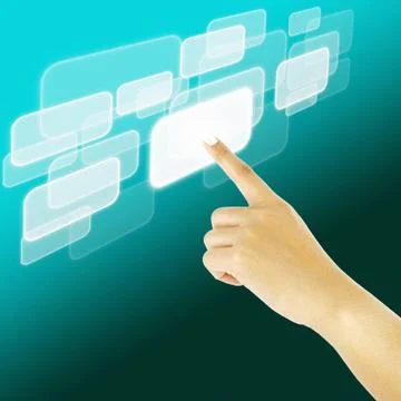 Hand pushing a button on a touch screen interface Stock Illustration