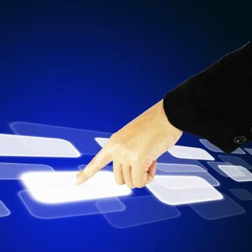 Hand pushing a button on a touch screen interface 库存插图