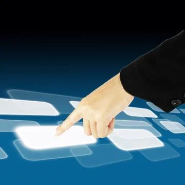 Hand pushing a button on a touch screen interface Illustrazione stock