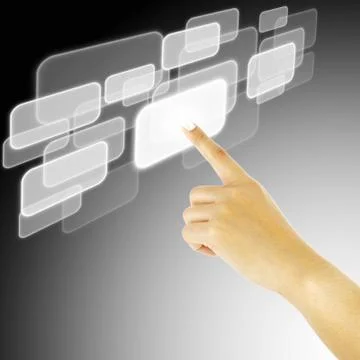 Hand pushing a button on a touch screen interface Stock Illustration