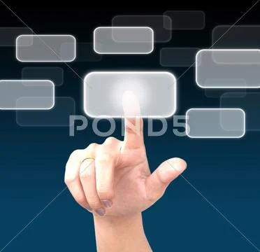 Hand pushing a button on a touch screen interface Stock Illustration