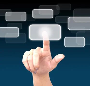 Hand pushing a button on a touch screen interface Stock Illustration