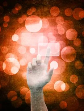 Hand pushing a button on a touch screen interface in the old paper Stock Illustration