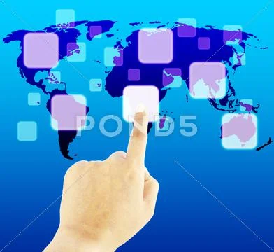 Hand pushing button on a touch screen interface with world map Stock Illustration
