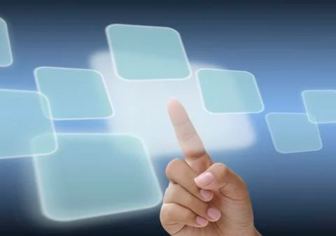 Hand pushing the button on a touch screen interface Stock Illustration