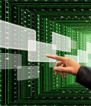 Hand pushing a button on a touch screen interface Illustrazione stock