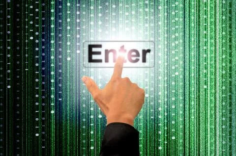 Hand pushing a button on a touch screen interface Illustrazione stock