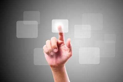Hand pushing button on touch screen Stock Photos