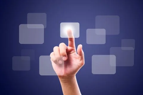 Hand pushing button on touch screen Stock Photos