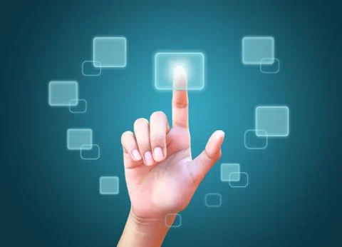 Hand pushing a button on a touch screen interface Stock Photos