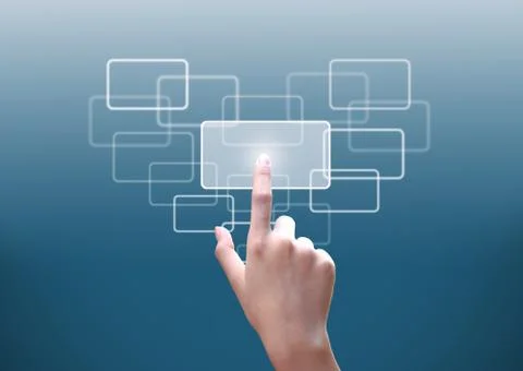 Hand pushing button on touch screen Stock Photos