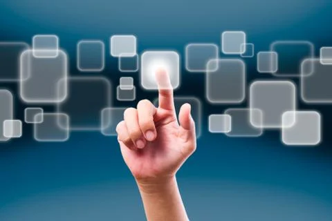 Hand pushing button on touch screen Stock Photos