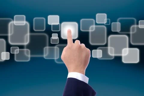 Hand pushing button on touch screen Stock Photos