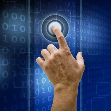 Hand pushing a button on a touch screen interface Foto stock