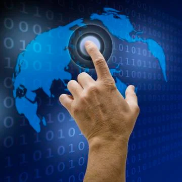 Hand pushing a button on a touch screen interface Foto stock