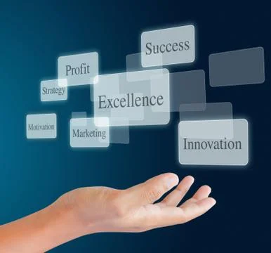 Hand pushing a button on a touch screen with words Stock Photos