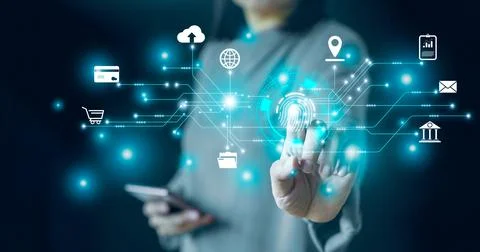 Hand pushing a button on a touch screen interface. Future technology. Interac Stock Photos