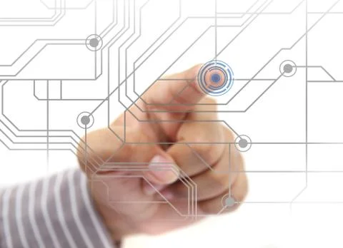 Hand pushing circuit button on touch screen Stock Photos