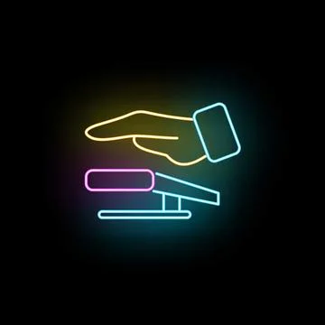 Hand pushing control button in colorful neon light Stock Illustration