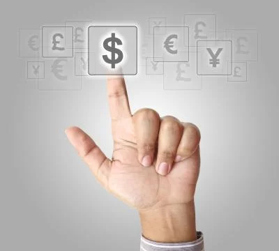 Hand pushing dollar button on touch screen Stock Photos