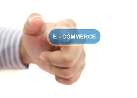 Hand pushing e-commerce button Stock Photos