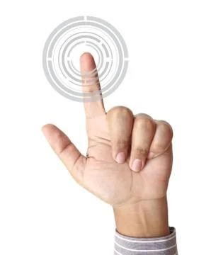 Hand pushing hitech circle button on touch screen Stock Photos