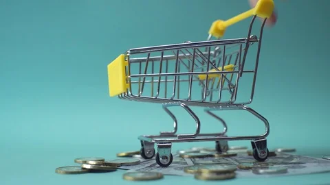 Hand pushing a mini basket close-up. sping, electronic store. Video stock 118614056