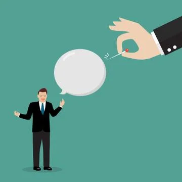 Hand pushing needle to pop speaking balloon Stock Illustration