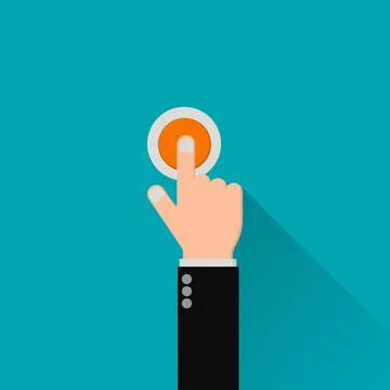 Hand pushing the orange button of ring doorbell on green background vector fo Stock Illustration