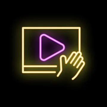 Hand pushing play button on touch screen neon sign Ilustración de archivo