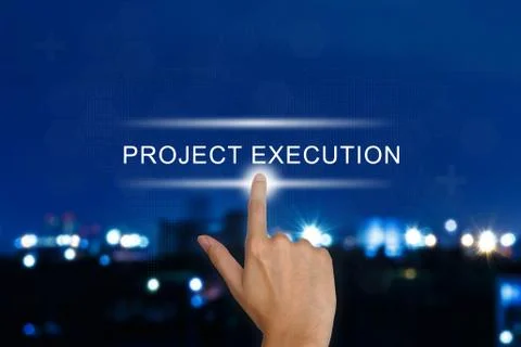 Hand pushing project execution button on touch screen Illustrazione stock