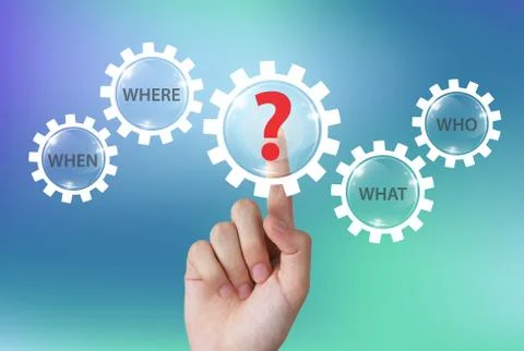 Hand pushing question mark icon with question words on touch screen	 Stock Photos