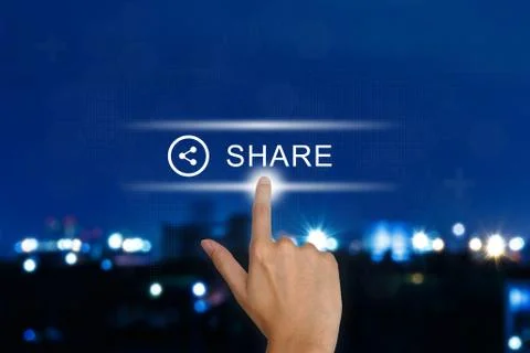 Hand pushing share button on touch screen Stock Photos