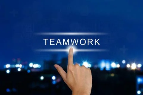 Hand pushing teamwork button on touch screen Stock Photos