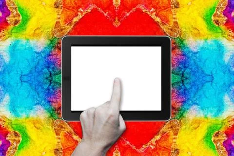 Hand pushing on touch screen device Stock Photos