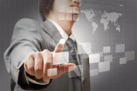 Hand pushing on a touch screen Stock Illustration