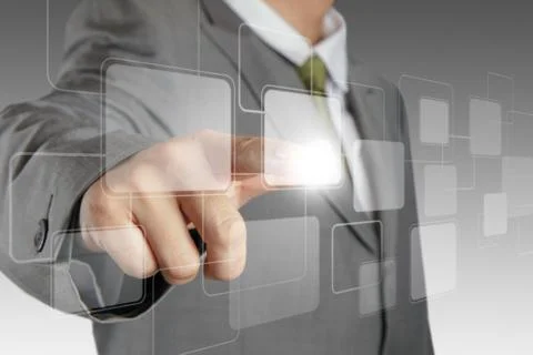 Hand pushing on a touch screen interface Stock Illustration