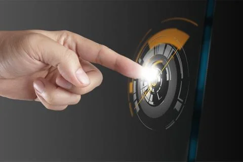 Hand pushing on a touch screen interface Stock Illustration