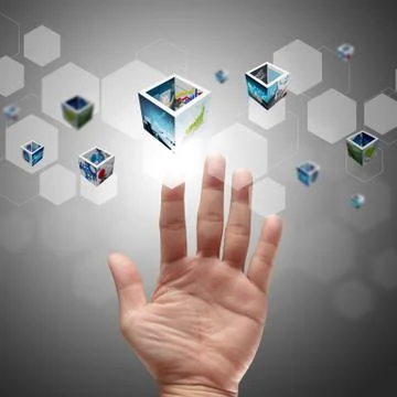 Hand pushing on a touch screen interface Stock Illustration