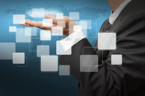 Hand pushing on touch screen interface Illustrazione stock