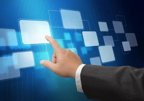 Hand pushing on touch screen interface Stock Photos